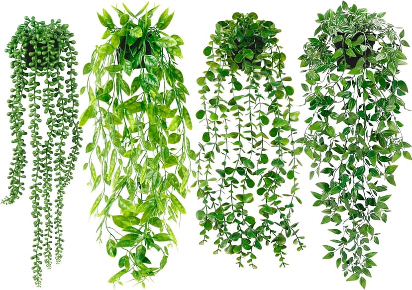 Artificial Hanging Plants for Shelf, 4 Pack Fake Potted Greenery Faux Eucalyptus Vine, Mandala Vine, String of Pearls,Pea pod Leaves in Pot for Office Living Room Bathroom Indoor Outdoor Décor
